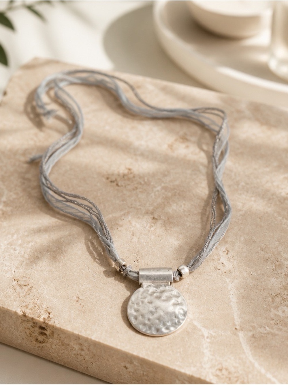 Silver Hammered Disc Pendant On Silk Cord Necklace